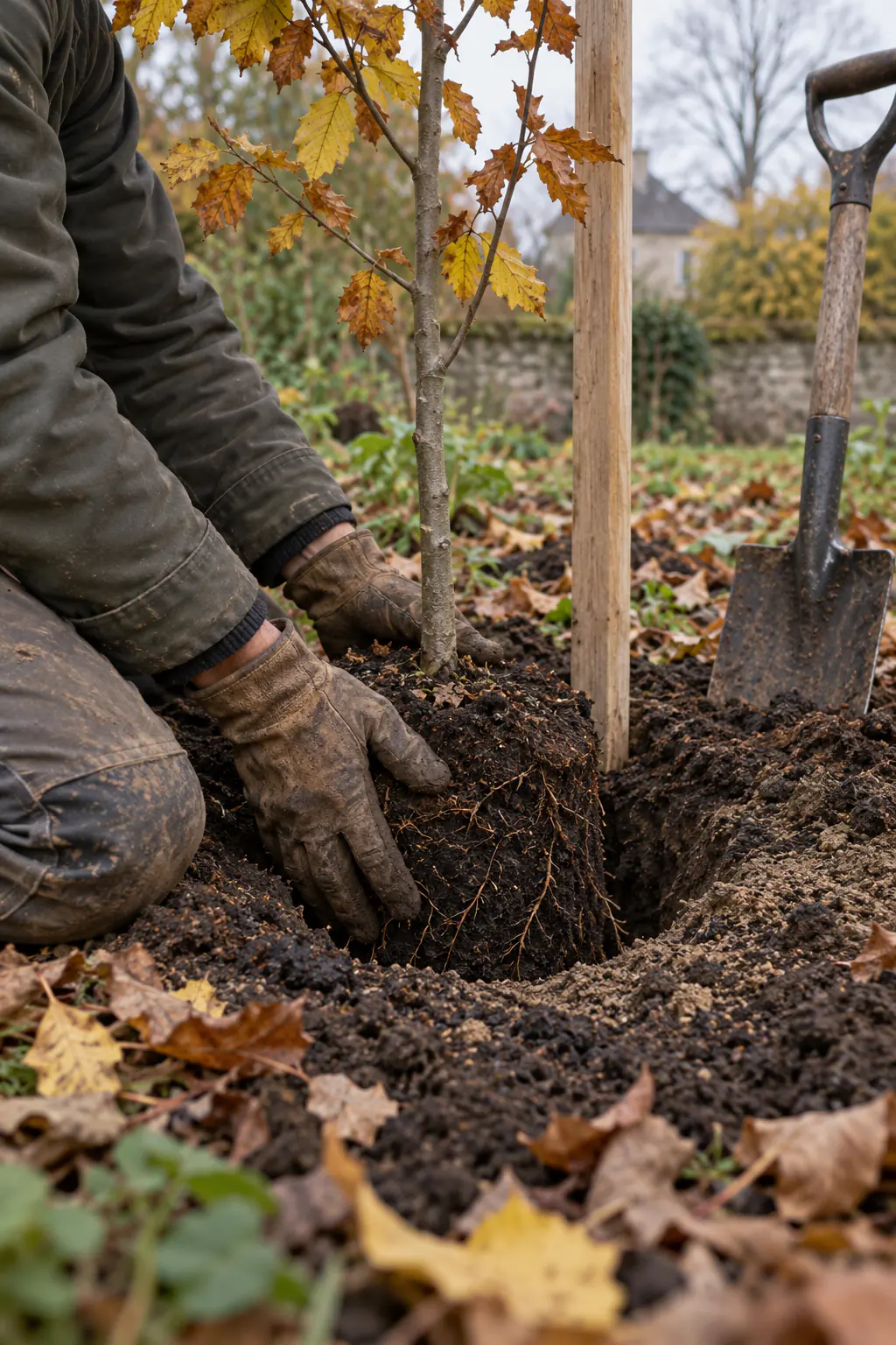 Mains gantées installant la motte d’un jeune arbre dans un trou de plantation, près du tuteur et de la bêche, parmi les feuilles d’automne.