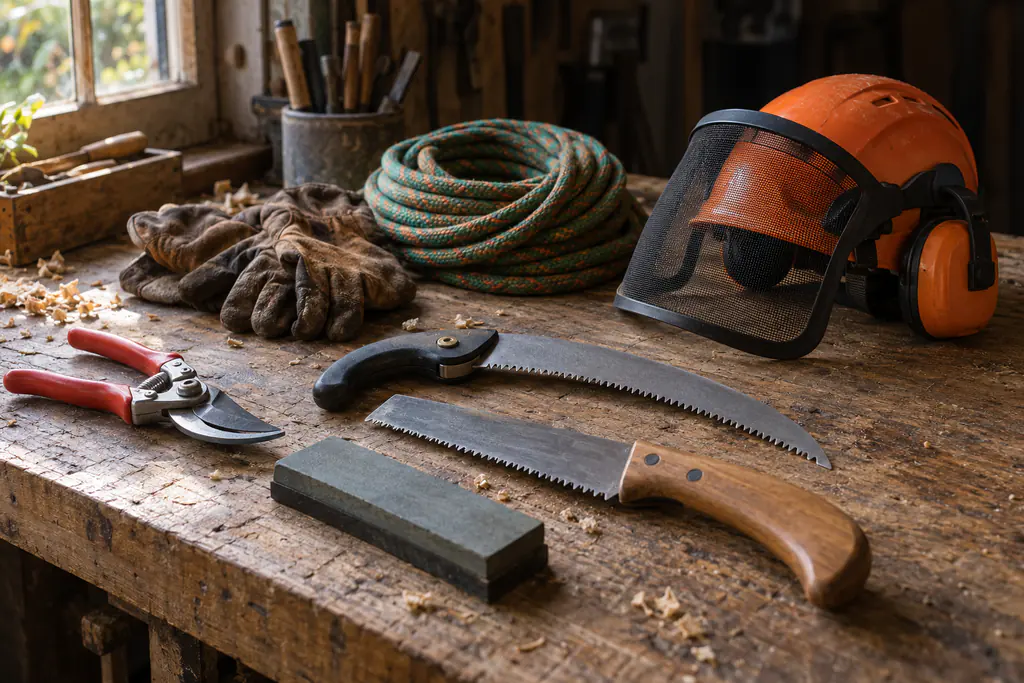 Outils d’élagage et de jardinage entretenus sur un établi en chêne : sécateur, scies d’élagage, pierre à aiguiser, gants de cuir, corde et casque à visière.