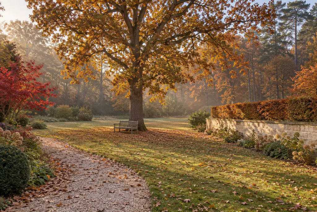 Le même jardin en automne : chêne roux, feuilles mortes sur la pelouse et l’allée, haie bronze sur le mur de pierre, brume dorée.