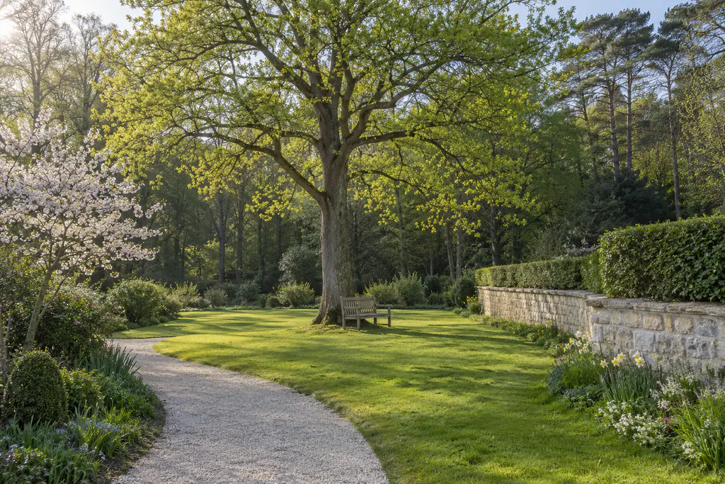 Le même jardin au printemps : chêne aux jeunes feuilles, cerisier en fleurs, jonquilles au pied du mur de pierre, allée de gravier menant au banc.